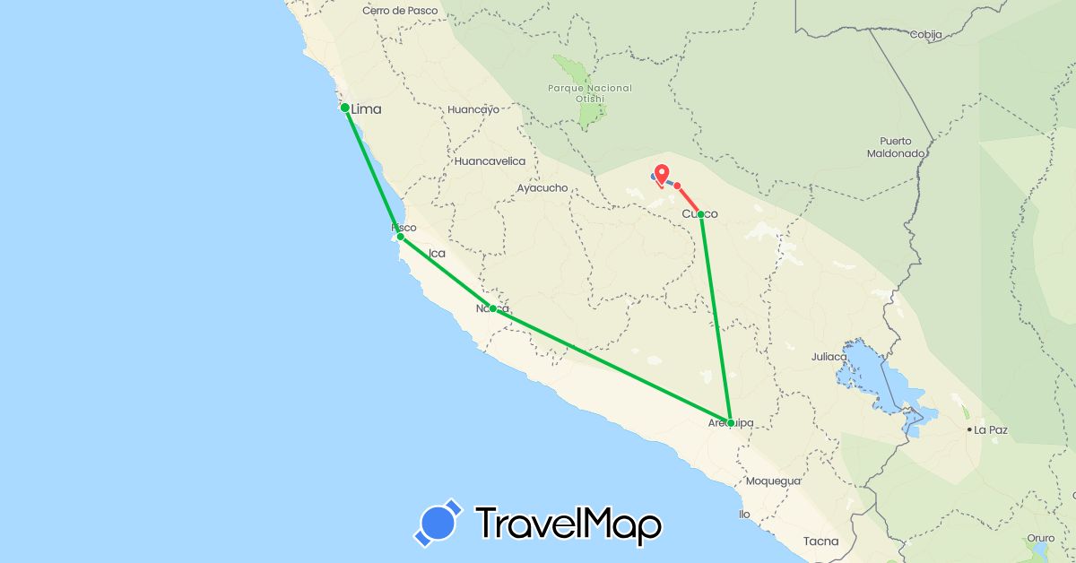 TravelMap itinerary: driving, bus, cycling, hiking in Peru (South America)