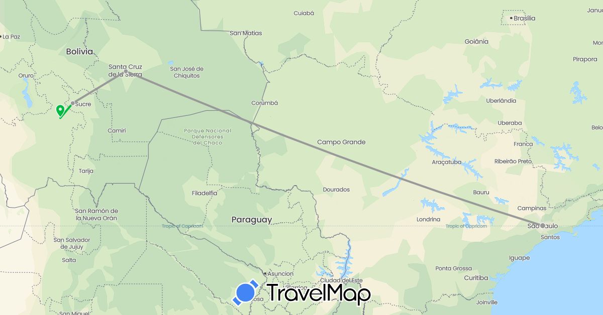 TravelMap itinerary: bus, plane in Bolivia, Brazil (South America)